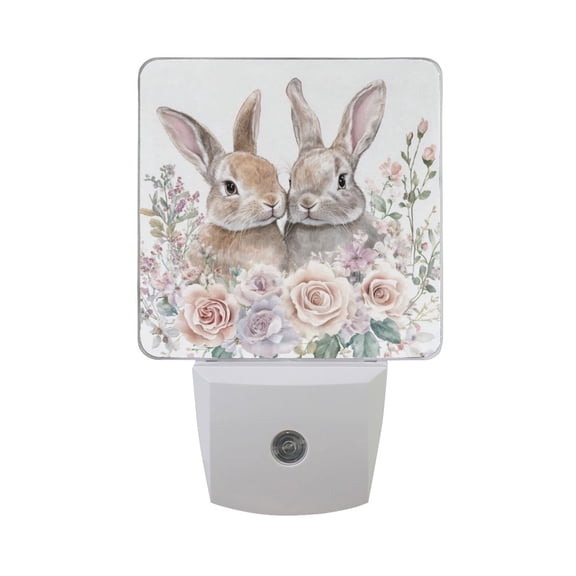 Two Bunnies Lean Together in Roses Valentine LED Night Light with Smart Sensor Plug Into Wall Dusk to Dawn 2 packs