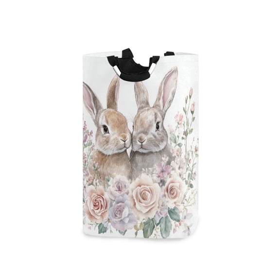 Two Bunnies Lean Together in Roses Valentine Laundry Basket with Handles Foldable Laundry Hamper Freestanding Washing Bin 50L