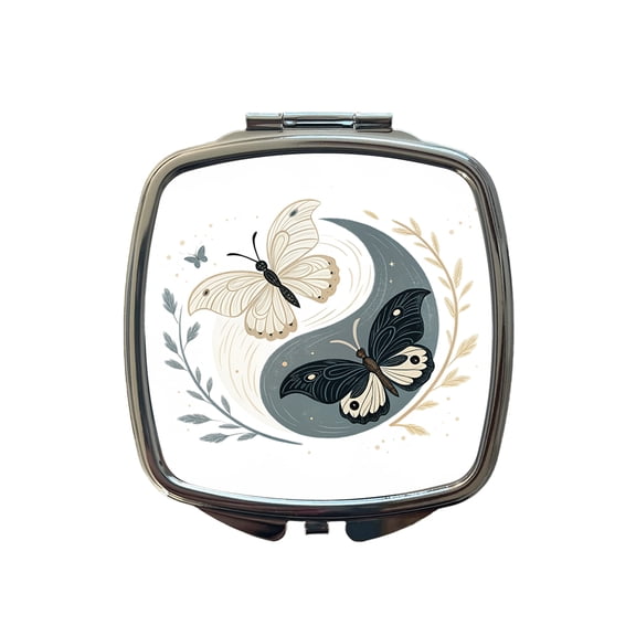 Two Butterflies Yin Yang Travel Makeup Handbag Purse Small Pocket Compact Mirror