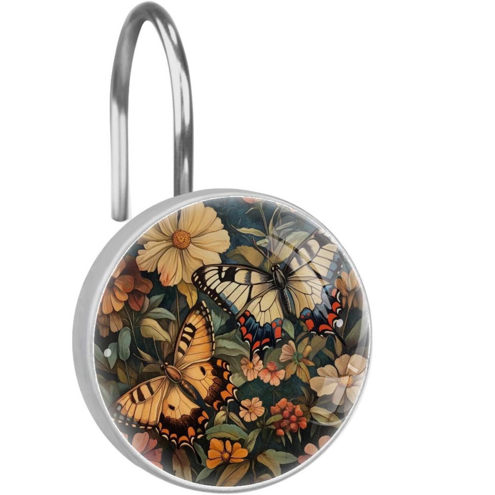 Two Butterfly on Wildflowers Leave Shower Curtain Hooks Round Crystal Glass, Set of 12 Shower Curtain Rings - Shower Hooks for Curtain Shower Rings