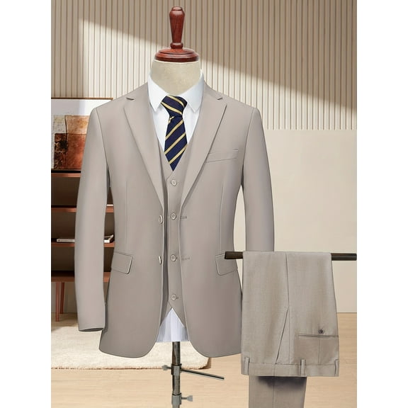 [Two Button Lapel] Men's 3pcs Business Suit | Champagne Color | Two Button Lapel Jacket Vest Trouser Set | Wedding Business Tuxedo