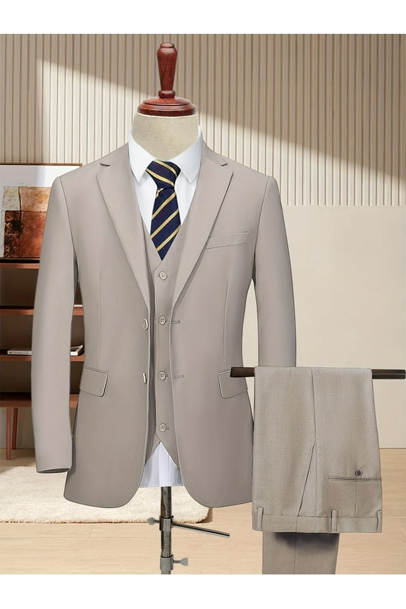 [Two Button Lapel] Men's 3pcs Business Suit | Champagne Color | Two Button Lapel Jacket Vest Trouser Set | Wedding Business Tuxedo