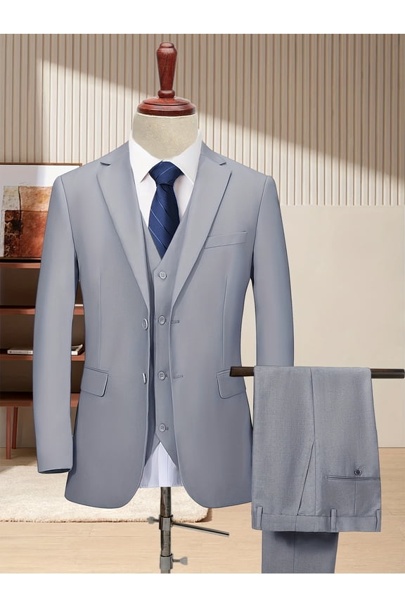 [Two Button Lapel] Men's 3pcs Business Suit | Solid Color | Two Button Lapel Jacket Vest Trouser Set | Wedding Business Tuxedo