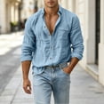 thumbnail image 1 of Two Button Linen Pullover for Men Casual Fashion Solid Patchwork Pullover Button Long Sleeve Blouse Men's Soft Breathable Everyday Top, 1 of 8