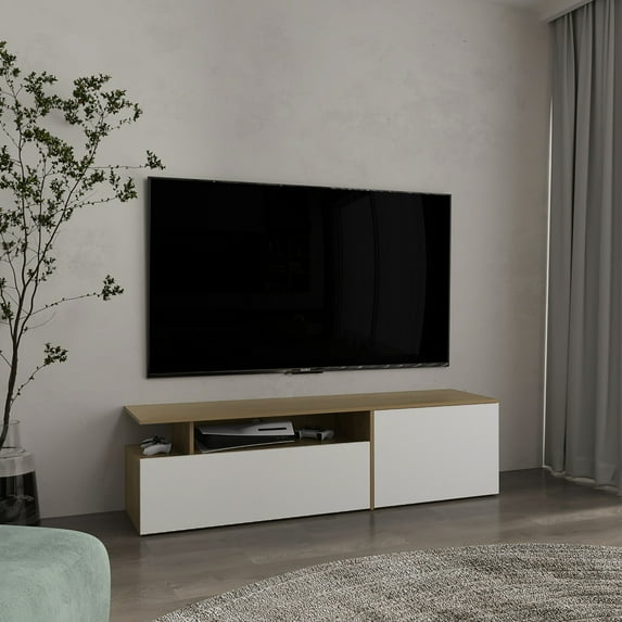 Two Cabinets And Six Shelves 63" Floating Tv Stand With Cable Management, Natural Oak - White For Living Room Setup Wide Entertainment Center Cabinets, Shelves, Managed, Home