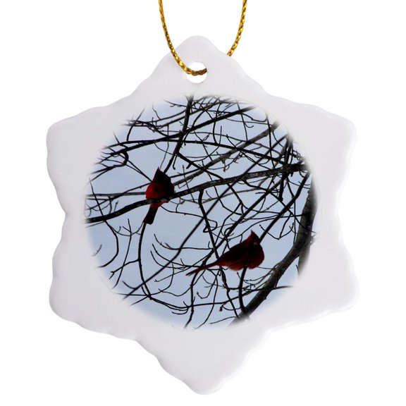 3drose, Two Cardinals, 3 inch Snowflake Porcelain Ornament