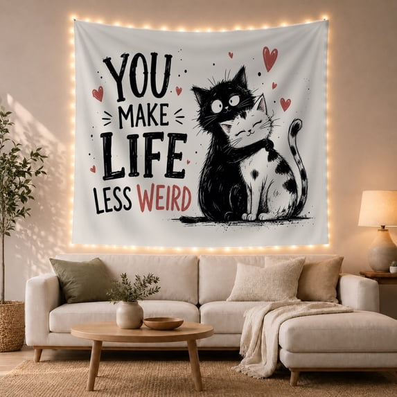 Two Cartoon Cats Embracing with Hearts on White Background, Whimsical Illustration for Cat Lovers, Playful Wall Art, Birthday Gift, Tapestry Wall Hanging for Bedroom and Dorm