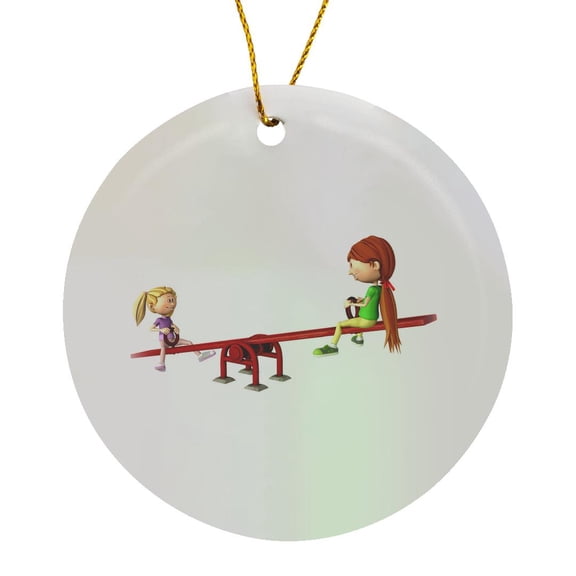 3drose, Two Cartoon Girls on a See Saw, Circle Porcelain Ornament