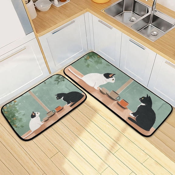 Two Cats Drinking Coffee Kitchen Mat Set of 2 Cushioned Non Slip Rugs for Bedroom Floor Runner Mats