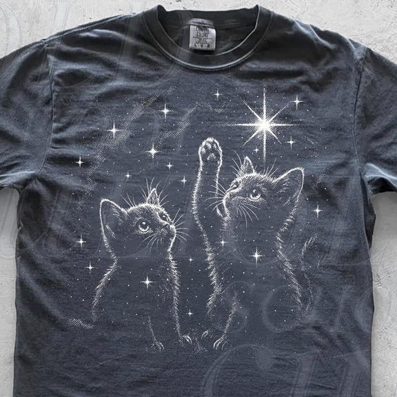 Two Cats In Galaxy Halftone Tshirt, Retro Kitten Shirts, Cat Lovers Shirts, Cat Mom Gift, Cotton Shirt BLACK Unisex S-5XL Hot Trending Shirt, Vintage Birthday Gift