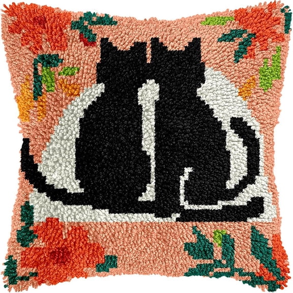 Two Cats Latch Hook Pillow Kits DIY Pillowcase Crochet Hook Cushion Making Kits with Preprinted Pattern Canvas Instruction Yarns Pillow Cover Easy Starter DIY Kits 43x43cmk1)