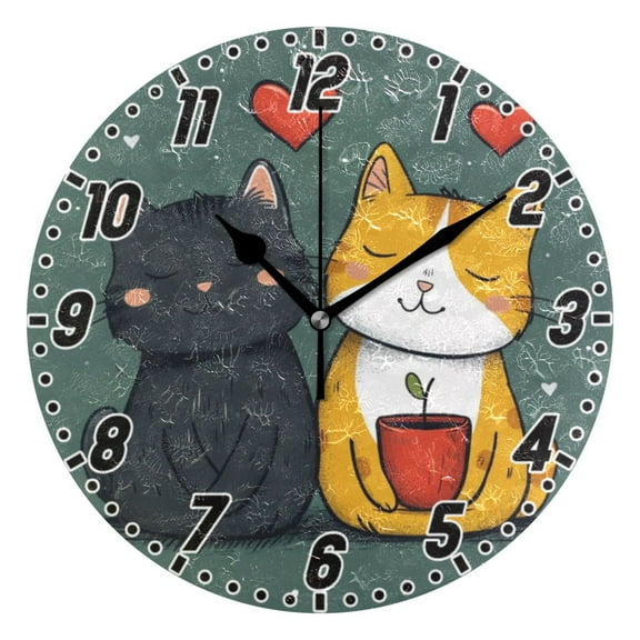 Two Cats Love Wall Clock 9.8 inch Battery Operated Clocks Non-Ticking Silent for Bedroom Office Kitchen Living Room
