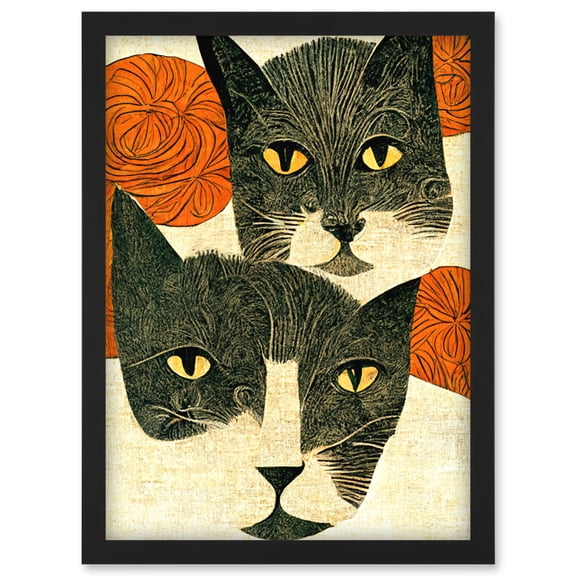 Two Cats Playing Orange Wool Illustration Artwork Framed Wall Art Print A4