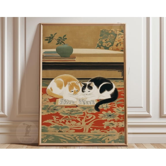 Two Cats Reading On Rug Vintage Wall Art Print, Unframed Paper Poster 11x14in