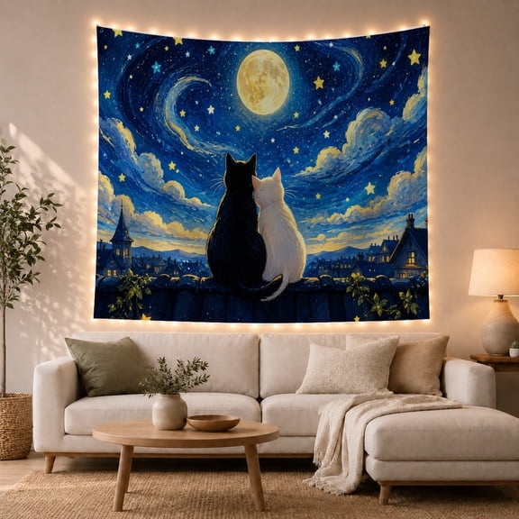 Two Cats on Rooftop Gazing at Swirling Night Sky, Dreamy Impressionist for Cat Lovers, Mystical Moonlight Wall Art, Housewarming Gift Tapestry Wall Hanging for Living Room, Bedroom and Dorm