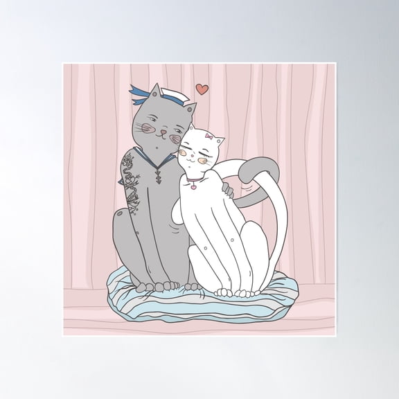 Two Cats Sit Together And Hug Poster Wall Art, Modern Wall Decor, 16x16 UNFRAMED