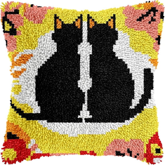 Two Cats on Tree Latch Hook Pillow Kits DIY Pillowcase Crochet Hook Cushion Making Kits with Preprinted Pattern Canvas Instruction Yarns Pillow Cover Easy Starter DIY Kits 43x43cmk75)