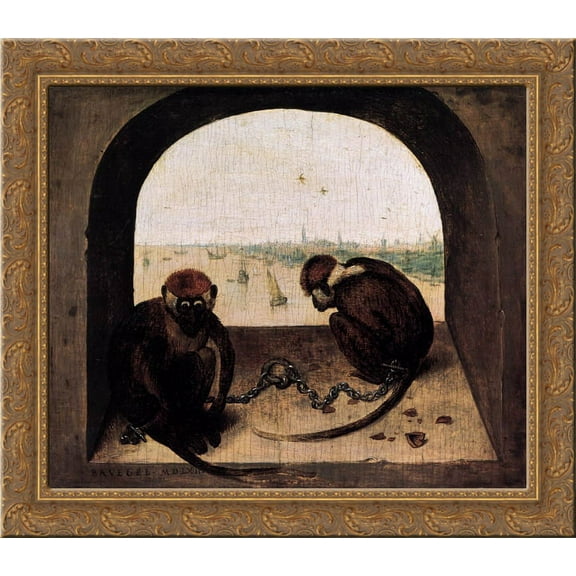 Two Chained Monkeys 24x20 Gold Ornate Wood Framed Canvas Art by Pieter Bruegel the Elder