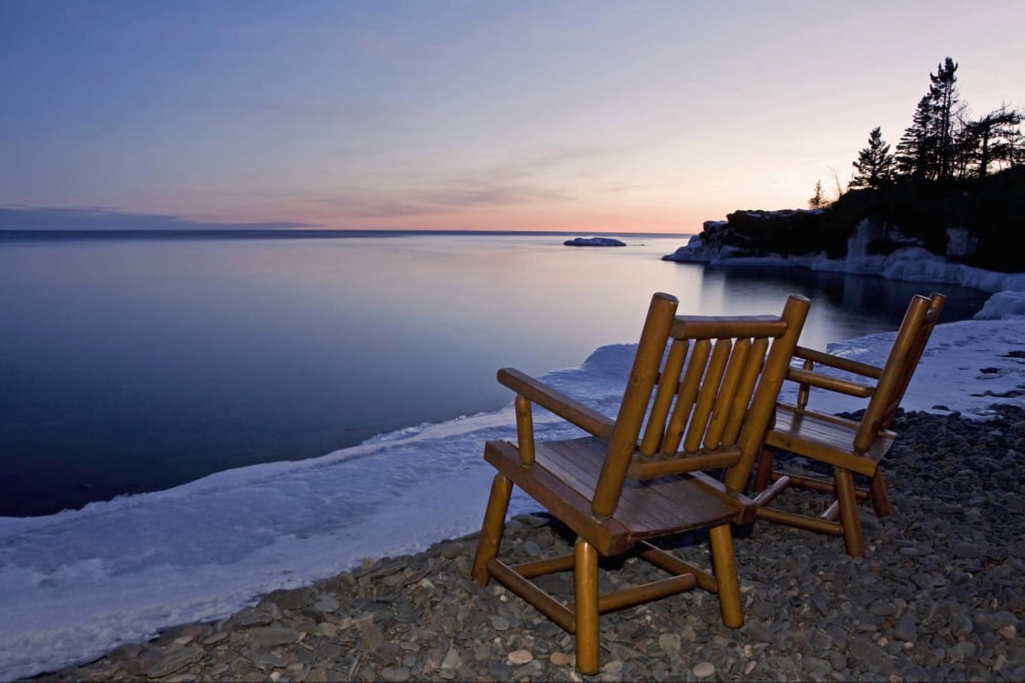 Two Chairs At Waters Edge Looking Out Over Lake Superior Grand Portage Minnesota United States Of America Canvas Art - Susan Dykstra Design Pics (19 x 12)