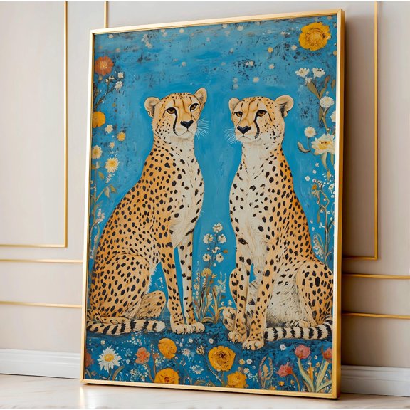 Two Cheetahs Poster blue gold leopards wall art maximalist wild animals artwork Poster, Unframed Poster Size 12x18