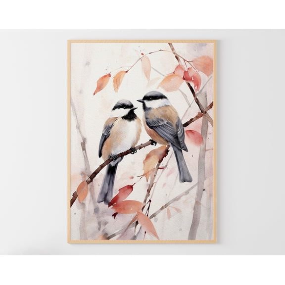 Two Chickadee Couple Birds Art Poster Titmouse Poster Little Bird Wall Art, Stretched Canvas Size 12x18