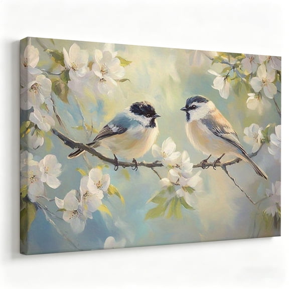 Two Chickadees on Cherry Blossom Branch Canvas Wall Art Impressionist Birds Oil Painting Pastoral Spring Floral Poster Living Room Bedroom Decor Print Ready to Hang 8*12