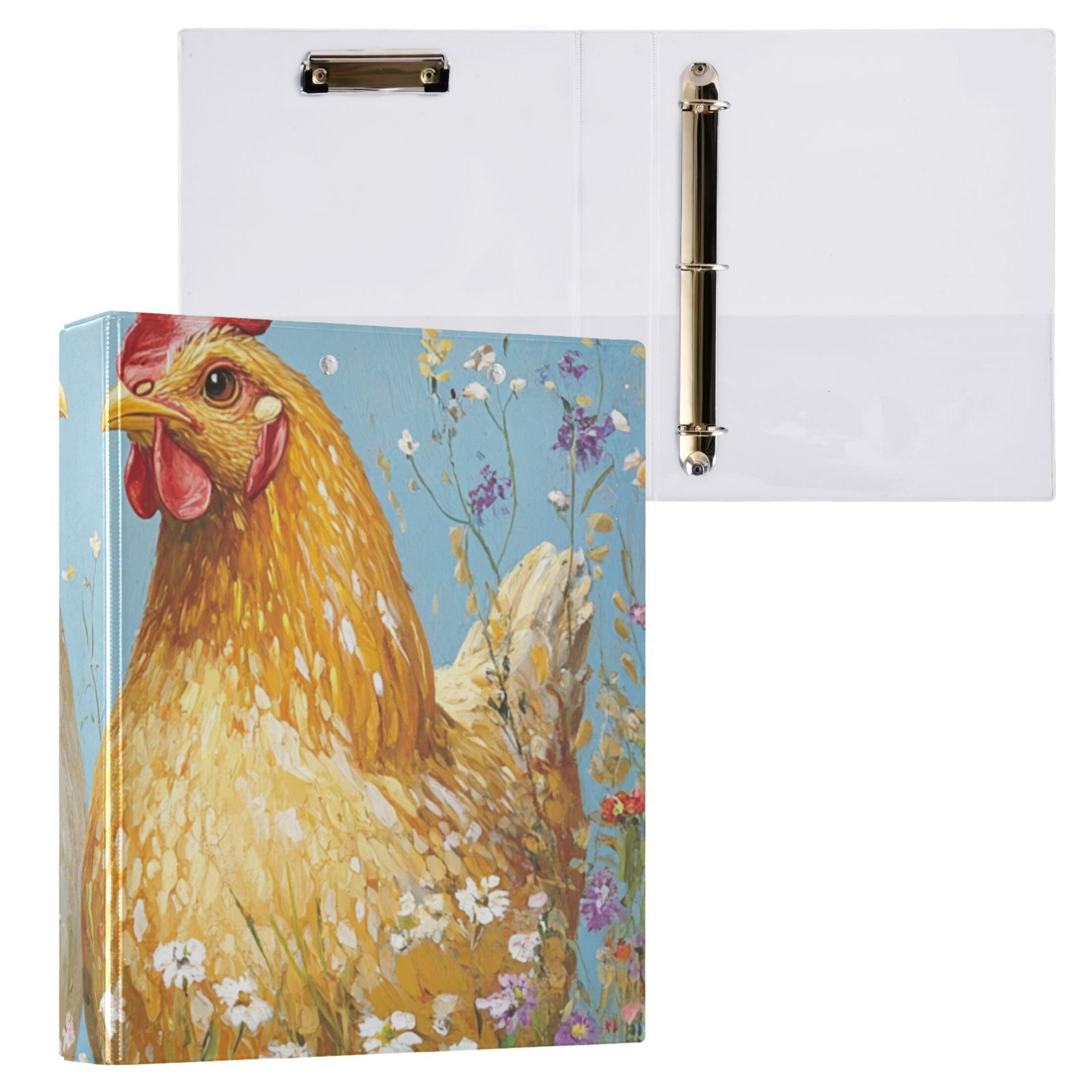 Two Chickens Flowers 3 Ring Binders 1.5 inch Hardcover File Folders with Interior Pockets A4 Size Organizer for School Office Hospital