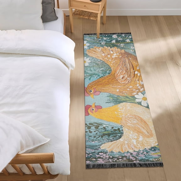 Two Chickens Flowers Oil Painting Bedside Runner Rug 2'x 6' Non Slip Carpet Floor Mat Area Rug