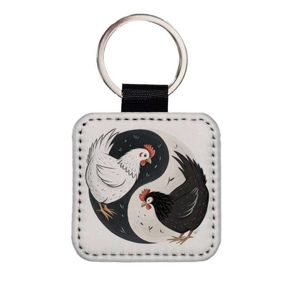 Two Chickens Yin Yang White Black Faux Leather Square Keychain