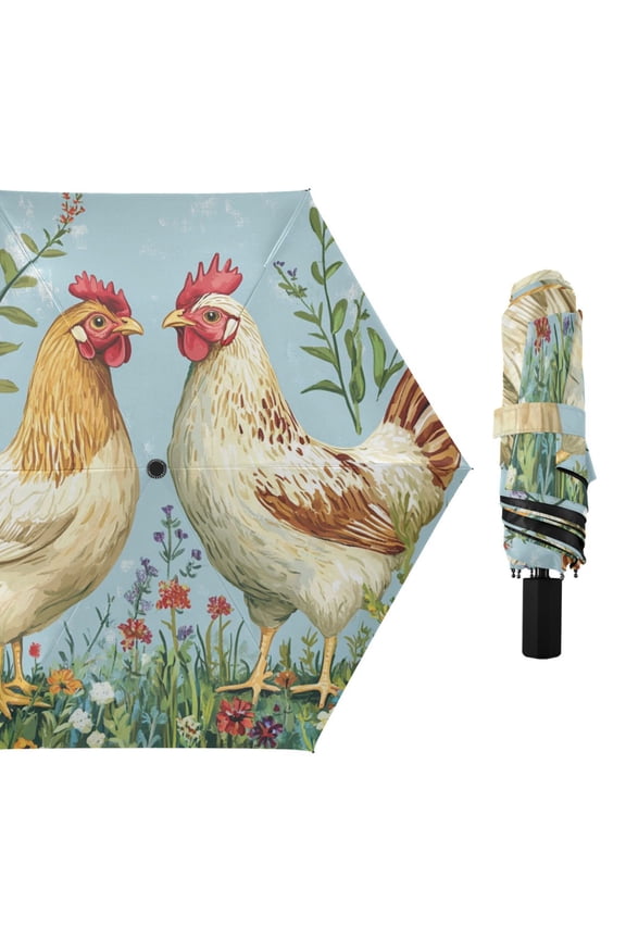 Two Chickens on Meadow Florals All Weather Umbrella Triple Folding Parasol 6 Ribs UV Protection Portable
