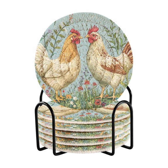 Two Chickens on Meadow Florals Drinking Coasters Cup Mat with Holder for Kitchen Cafe Bar 6 Packs