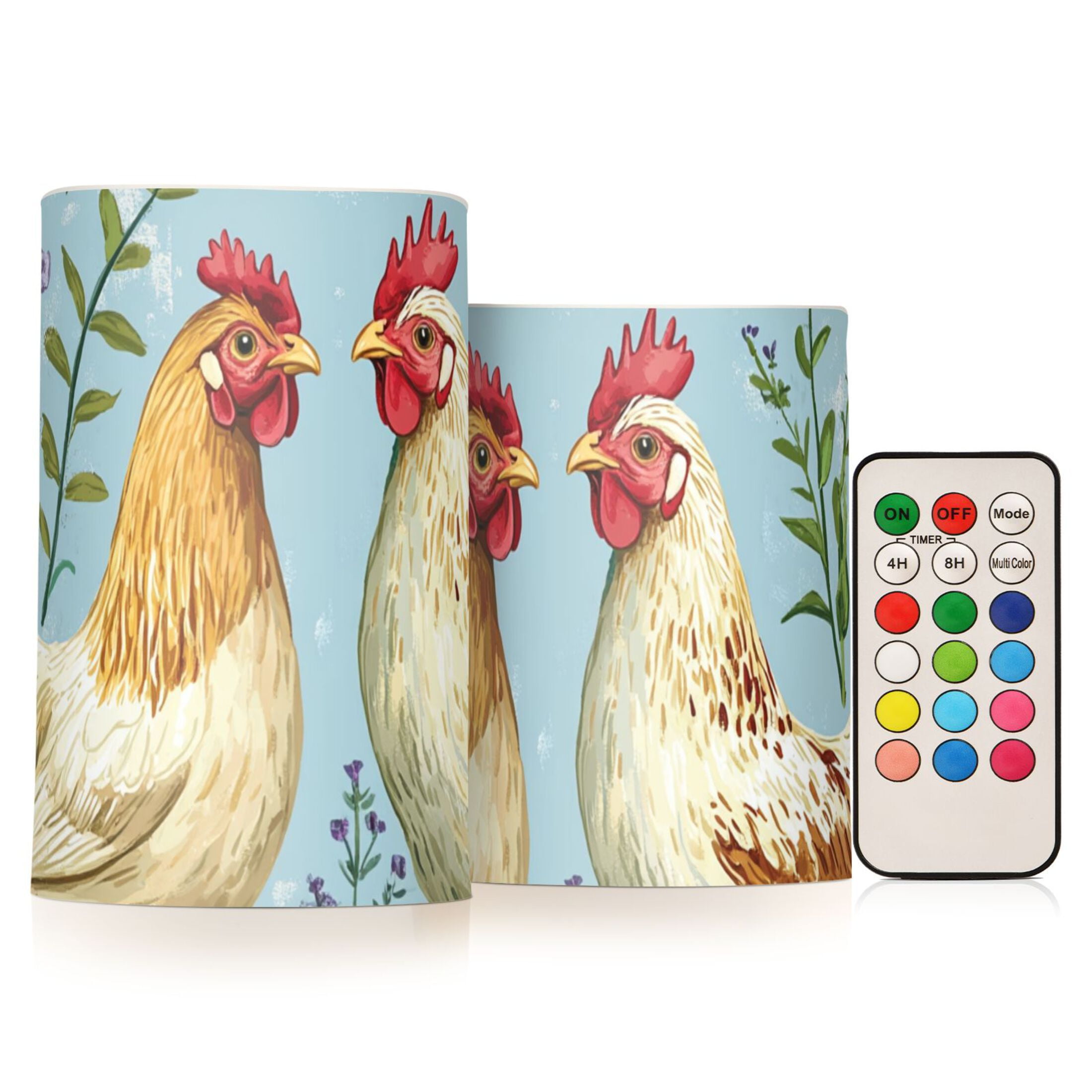 Two Chickens on Meadow Florals Flickering Flameless Candles LED Tealight Battery Operated with Remote Set of 2 Holiday Decor Ornaments