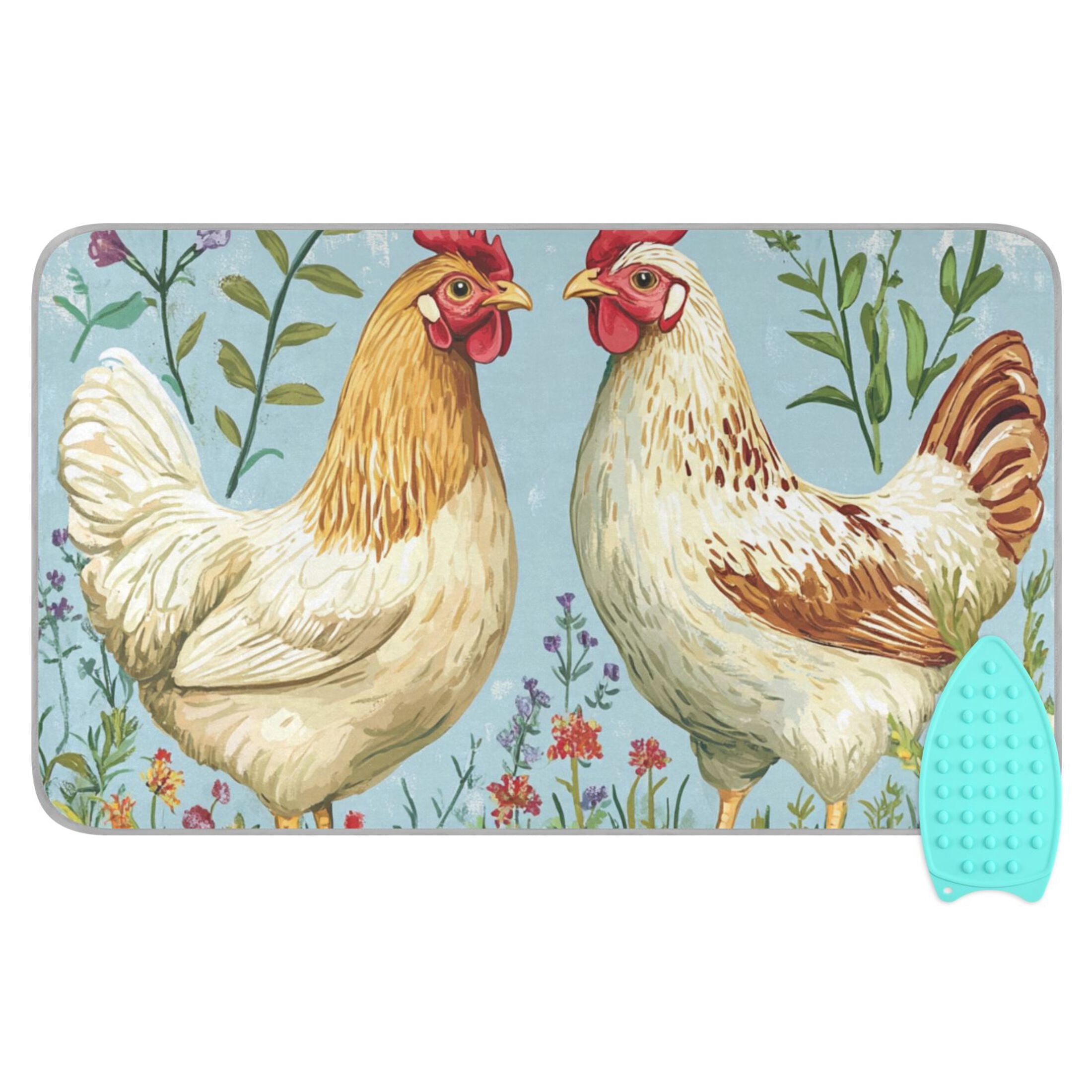 Two Chickens on Meadow Florals Ironing Mat Blanket Portable Travel Ironing Pad Heat Resistant Pad 47.2" x 27.6”