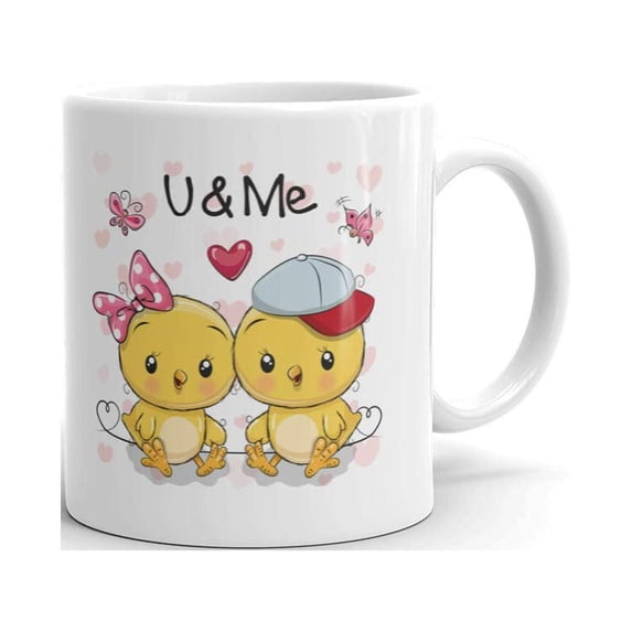 Two Chickens with Hearts U & ME Coffee Tea Ceramic Mug Office Work Cup Gift 15oz