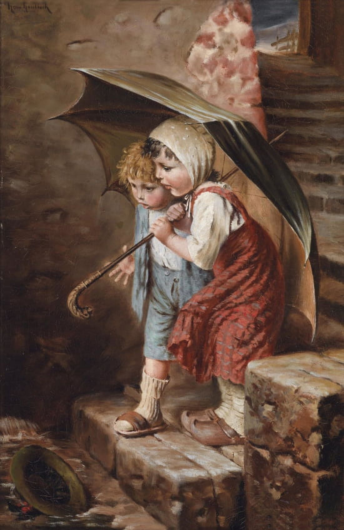 Two Children With Umbrella Vintage Art Canvas Art -  (36 x 54)