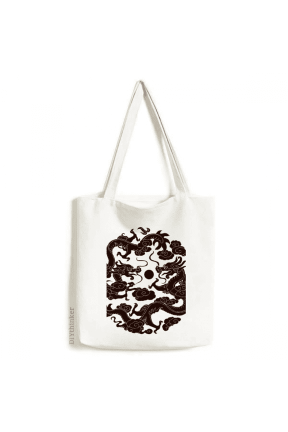 Two Chinese Dragon Animal Pearl Circle Tote Canvas Bag Shopping Satchel Casual Handbag