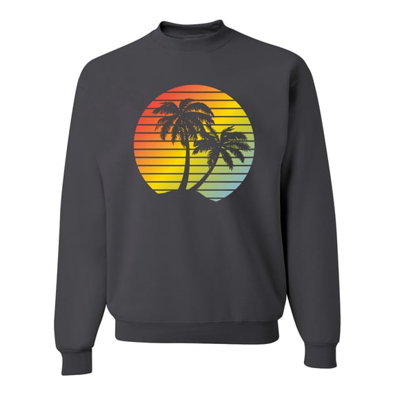 Two Coconut Palm Trees Beach Sunset | Mens Pop Culture Crewneck Graphic Sweatshirt, Charcoal, Medium