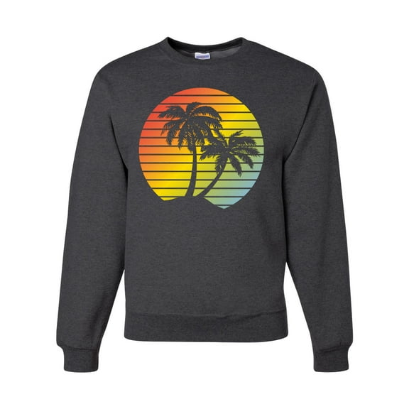 Two Coconut Palm Trees Beach Sunset | Mens Pop Culture Crewneck Graphic Sweatshirt, Heather Black, Large