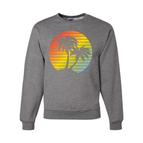 Two Coconut Palm Trees Beach Sunset | Mens Pop Culture Crewneck Graphic Sweatshirt, Heather Grey, Large