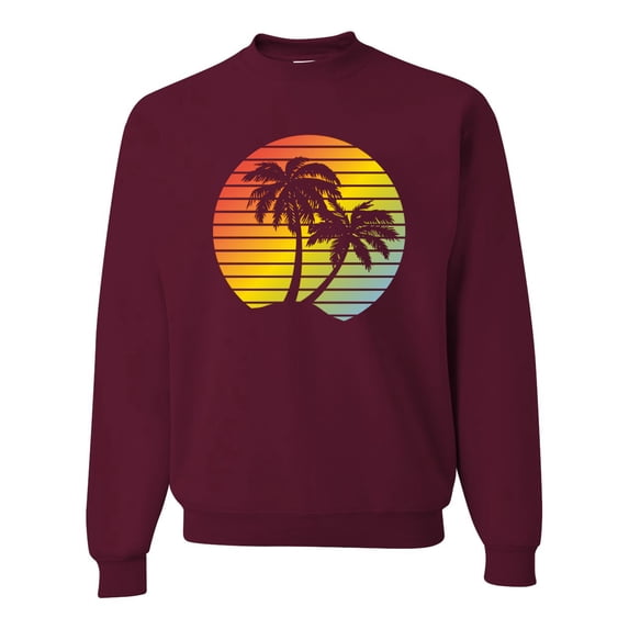 Two Coconut Palm Trees Beach Sunset | Mens Pop Culture Crewneck Graphic Sweatshirt, Maroon, Small