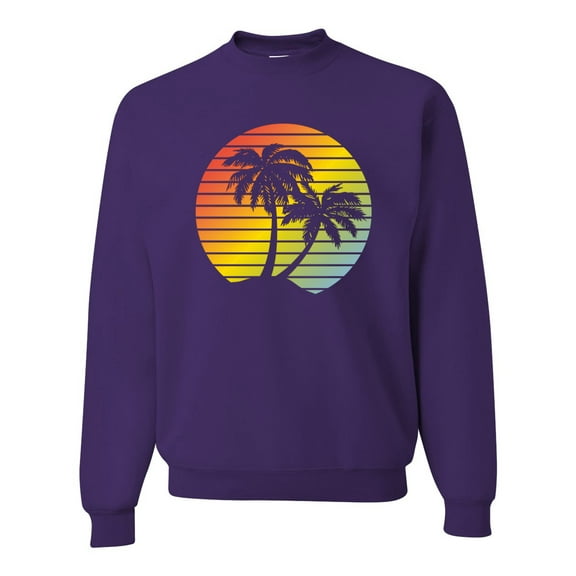 Two Coconut Palm Trees Beach Sunset | Mens Pop Culture Crewneck Graphic Sweatshirt, Purple, Large