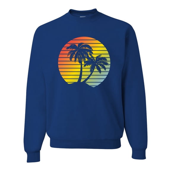 Two Coconut Palm Trees Beach Sunset | Mens Pop Culture Crewneck Graphic Sweatshirt, Royal, Large