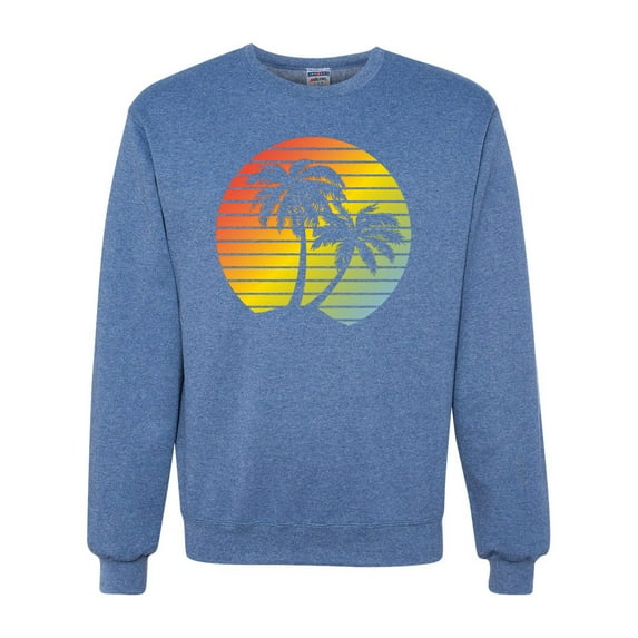 Two Coconut Palm Trees Beach Sunset | Mens Pop Culture Crewneck Graphic Sweatshirt, Vintage Heather Blue, 3XL