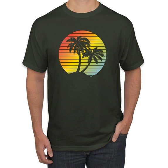 Two Coconut Palm Trees Beach Sunset | Mens Pop Culture Graphic T-Shirt, Forest Green, X-Large