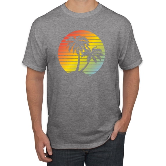 Two Coconut Palm Trees Beach Sunset | Mens Pop Culture Graphic T-Shirt, Heather Grey, X-Large