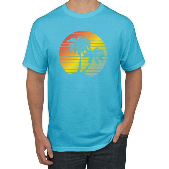 Two Coconut Palm Trees Beach Sunset | Mens Pop Culture Graphic T-Shirt, Light Turquoise, Medium