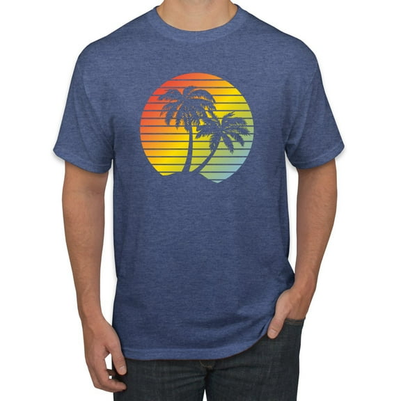 Two Coconut Palm Trees Beach Sunset | Mens Pop Culture Graphic T-Shirt, Vintage Heather Blue, 2XL