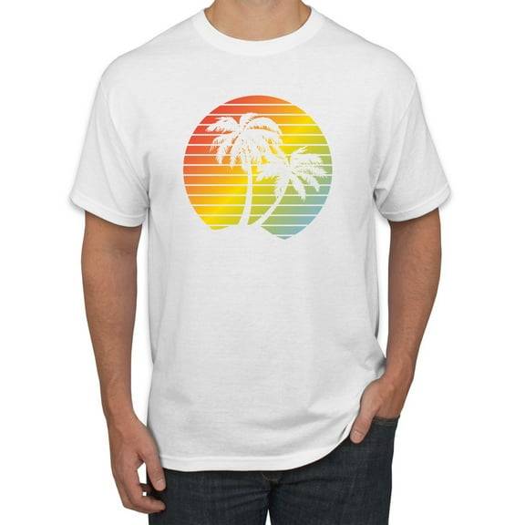 Two Coconut Palm Trees Beach Sunset | Mens Pop Culture Graphic T-Shirt, White, Medium