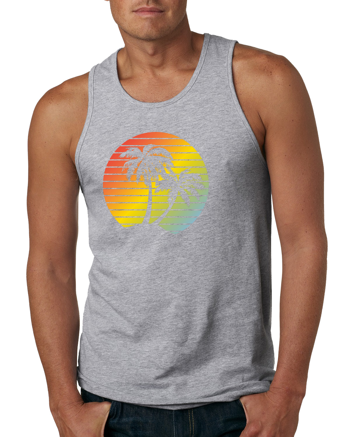 Two Coconut Palm Trees Beach Sunset | Mens Pop Culture Graphic Tank Top, Heather Grey, Small - image 1 of 4