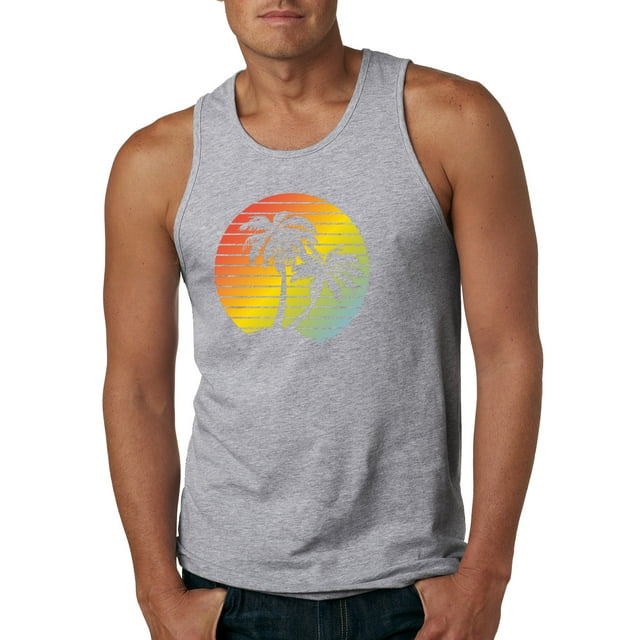 Two Coconut Palm Trees Beach Sunset | Mens Pop Culture Graphic Tank Top, Heather Grey, Small